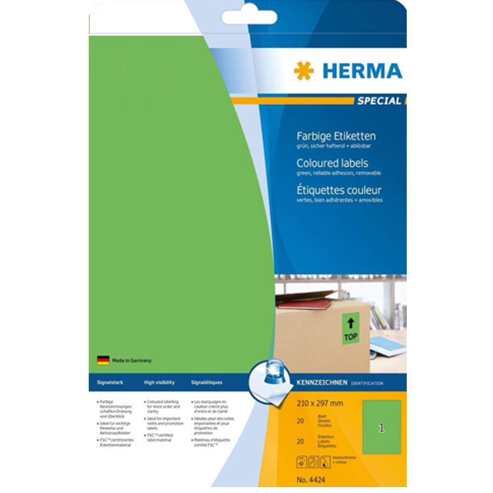 Herma avtagbar färgade etiketter A4 20 st (210x297mm)