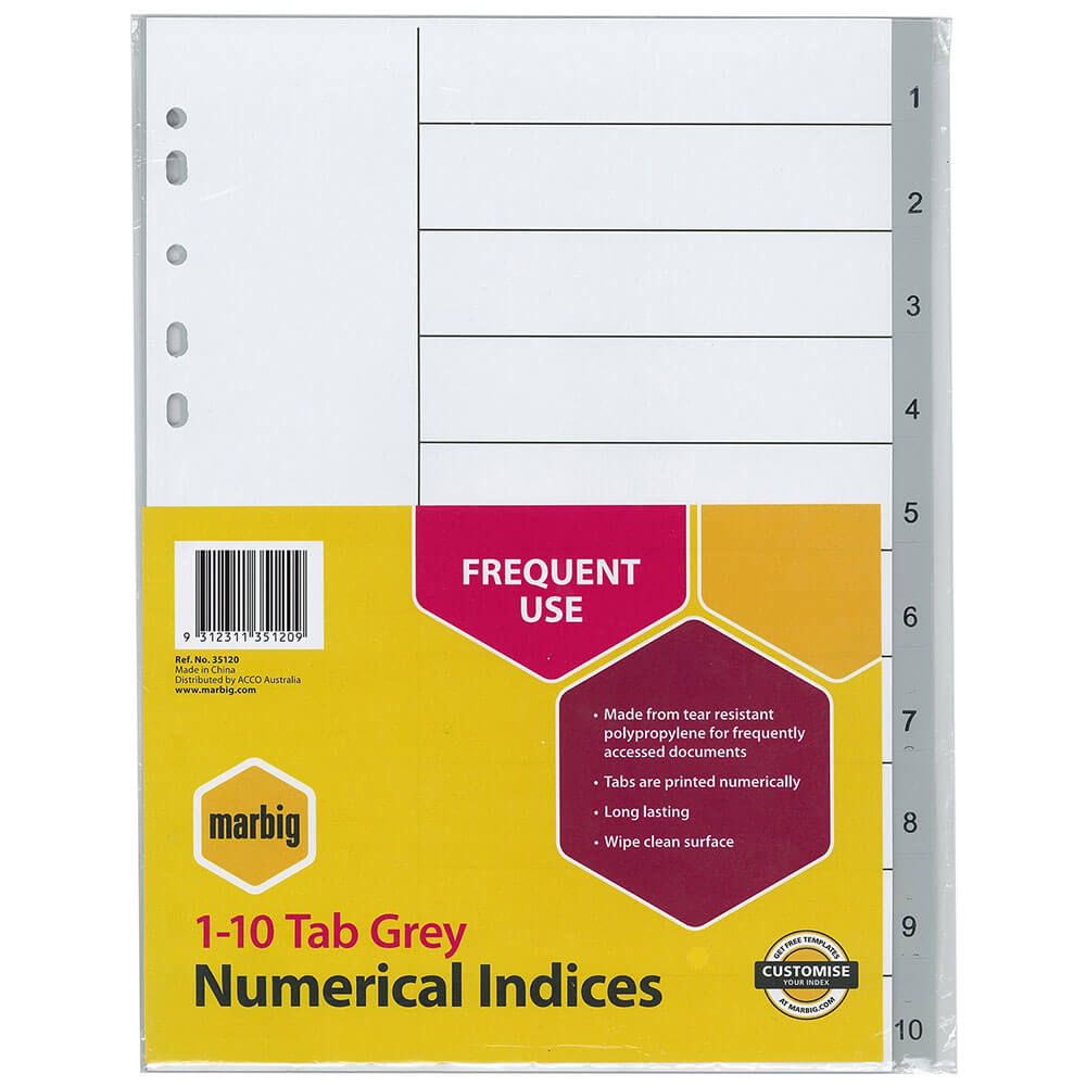 Marbig numerieke indices en dividers a4 (grijs)