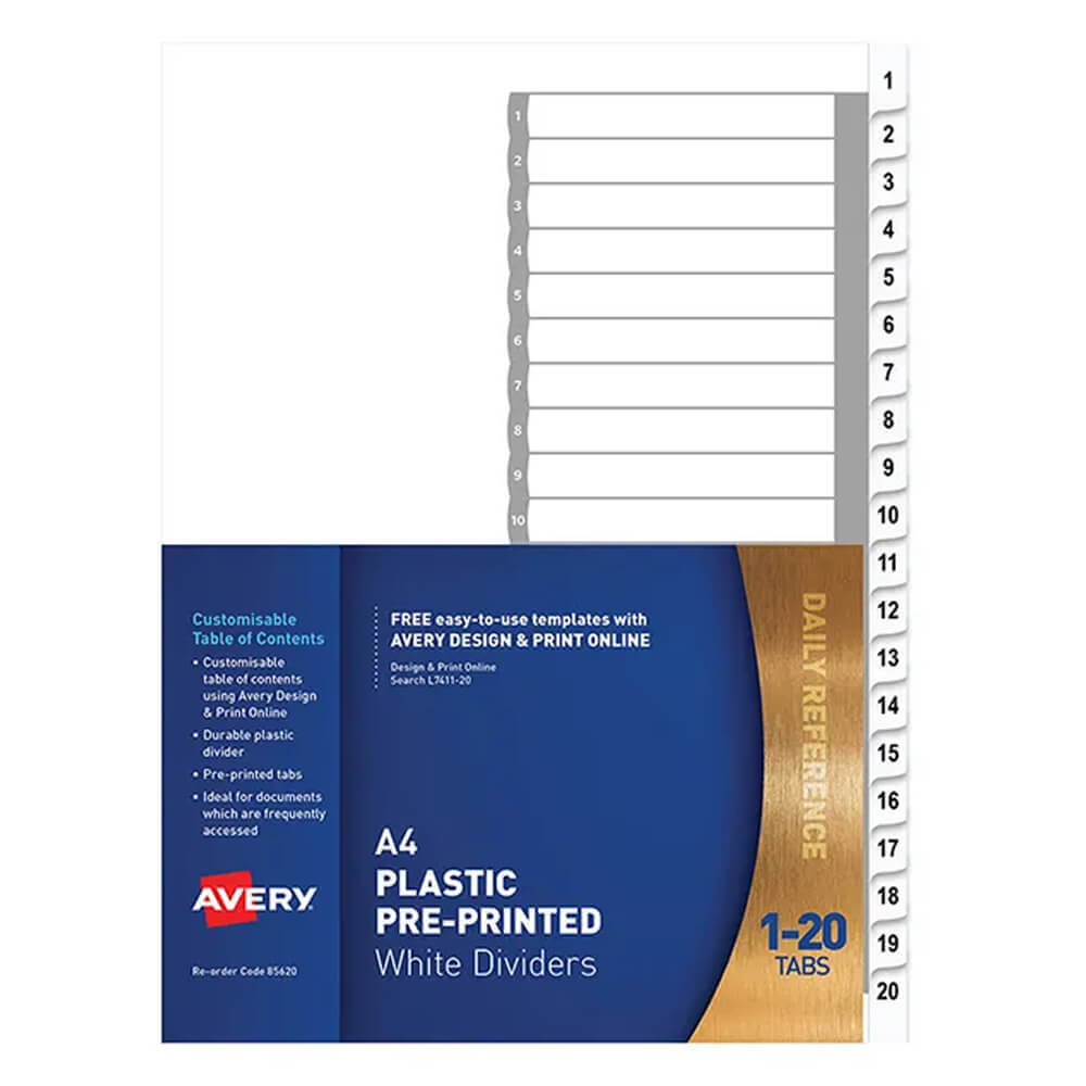 Avery Plastic pré-imprimé Dividers A4 (blanc)