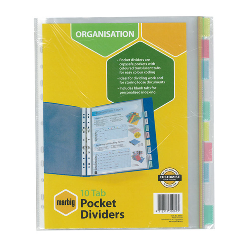 Marbig Clear A4 10 Tab Pocket Dividers