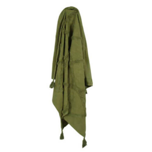 Piol Olive Green Cotton Throw w/ Tassle & Tufting