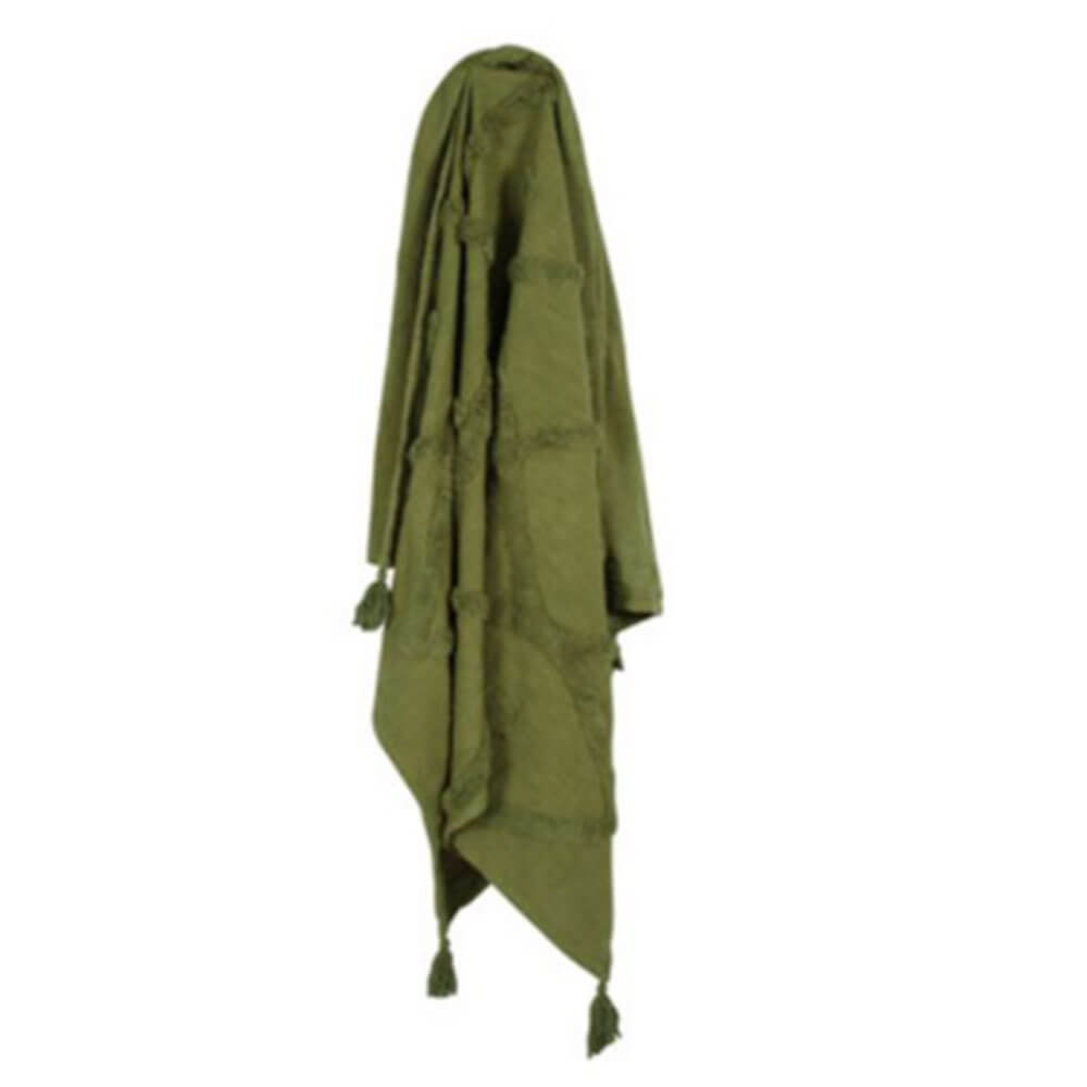 Piol Olive Green Cotton Throw W / Tassle & Tufting