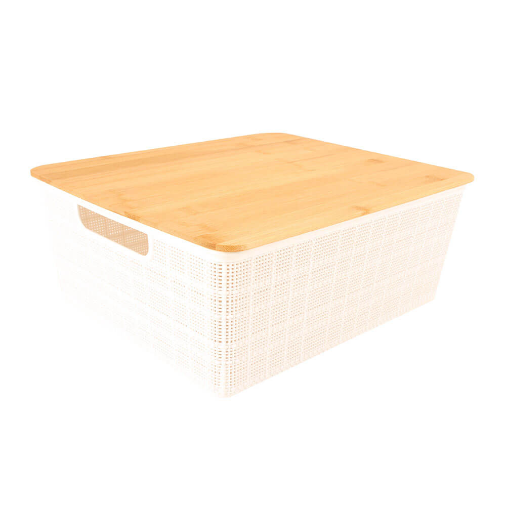 Plastic Storage Basket with Bamboo Lid (White)