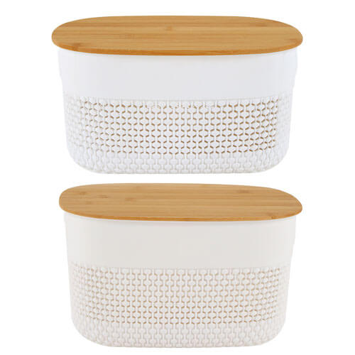 Oval Plastic Basket with Bamboo Lid (White)