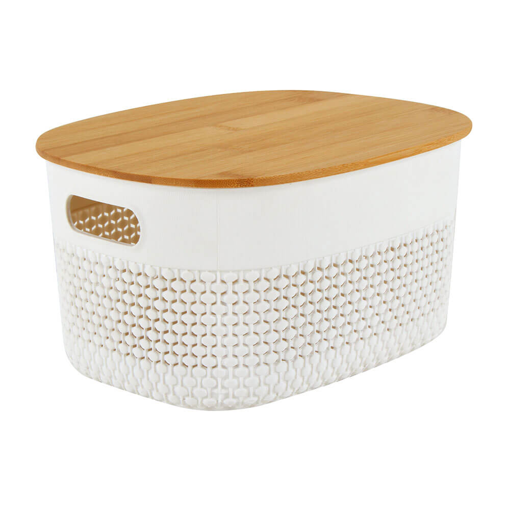 Oval Plastic Basket with Bamboo Lid (White)