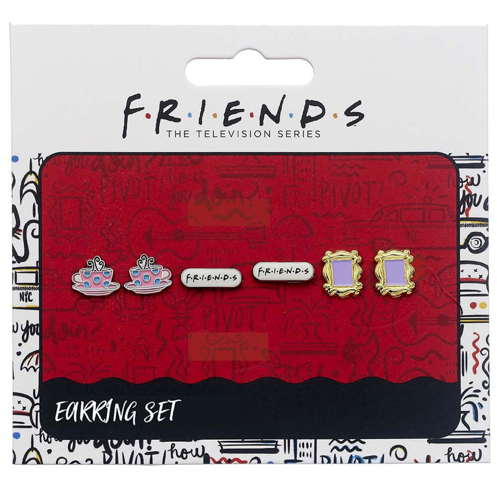 Friends Stud Earrings Frame Coffee Cup & Logo Set of 3