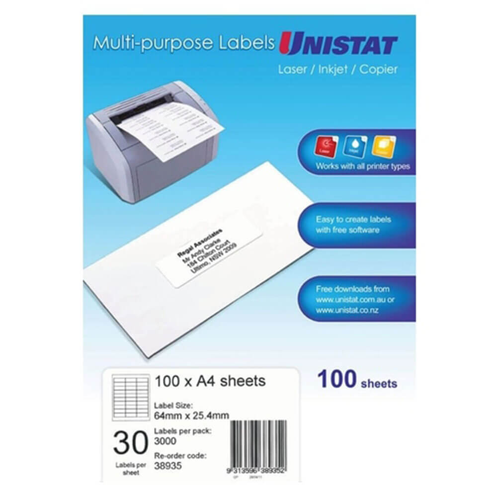 Unistat Laser/Inkjet/Copier Etichetta 100pk