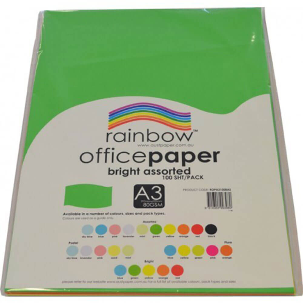 Rainbow Office Paper 100pk 80GSM (Bright Assorted)