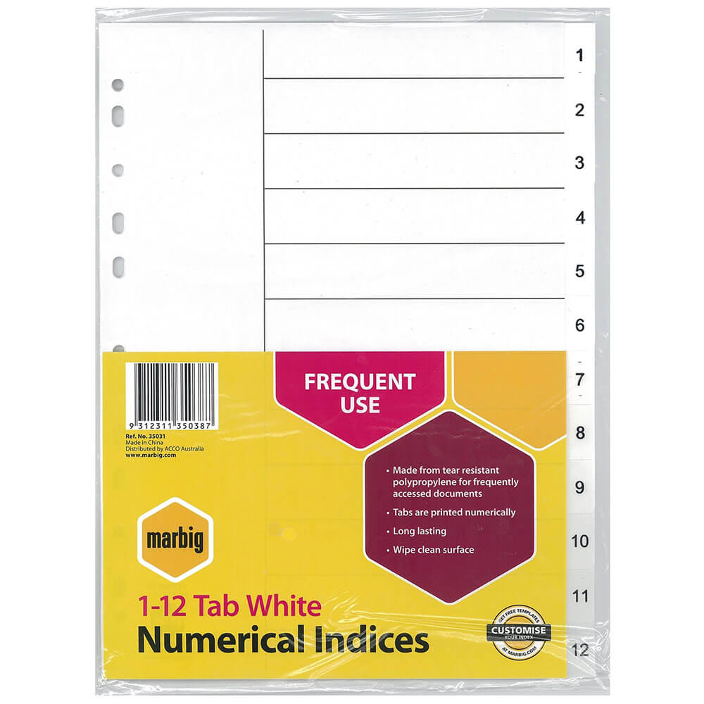 Marbig numeriska index & avdelare A4 (vit)